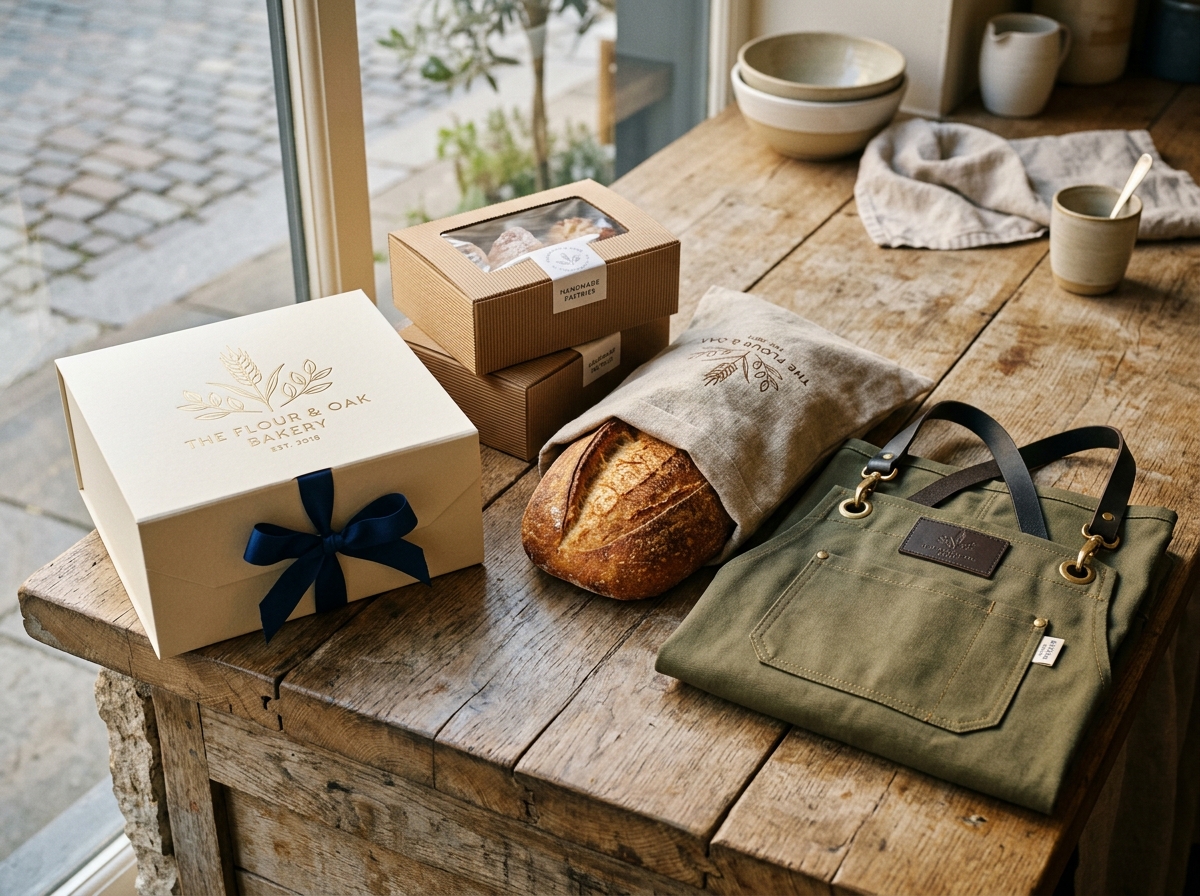Artisanal bakery packaging suite, rigid cake gift box with grosgrain ribbon, bread linen bag, and heavy canvas twill baker apron