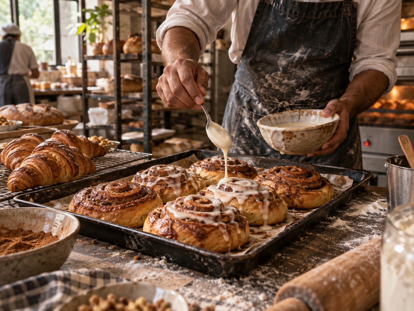 Master bakers shaping sourdough hearth loaves at the flour-dusted prep benches in the bakery kitchen