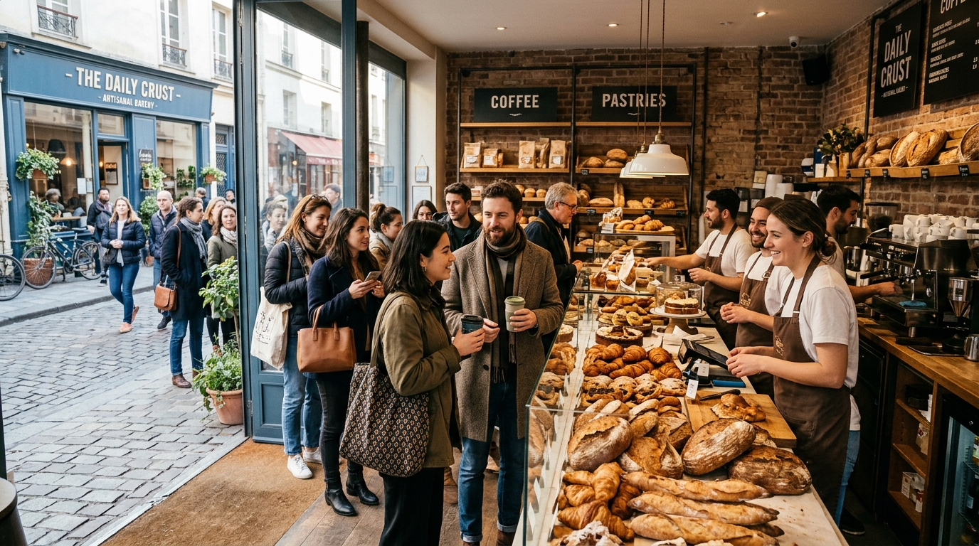 Morning bakery customers lined up along the counter and sidewalk under warm sunbeams