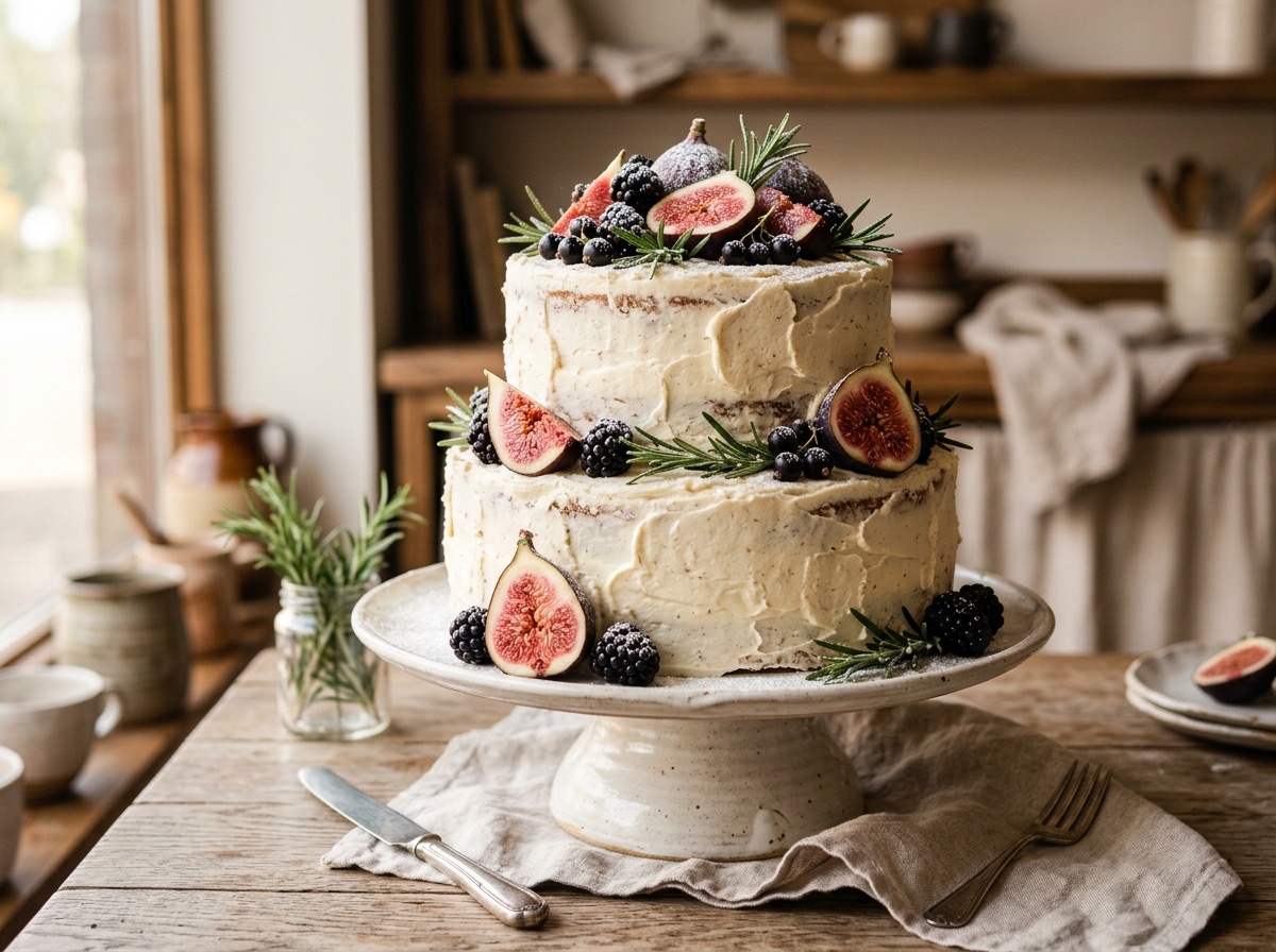 Artisanal celebration cake with blistered crust and delicate seasonal berry toppings