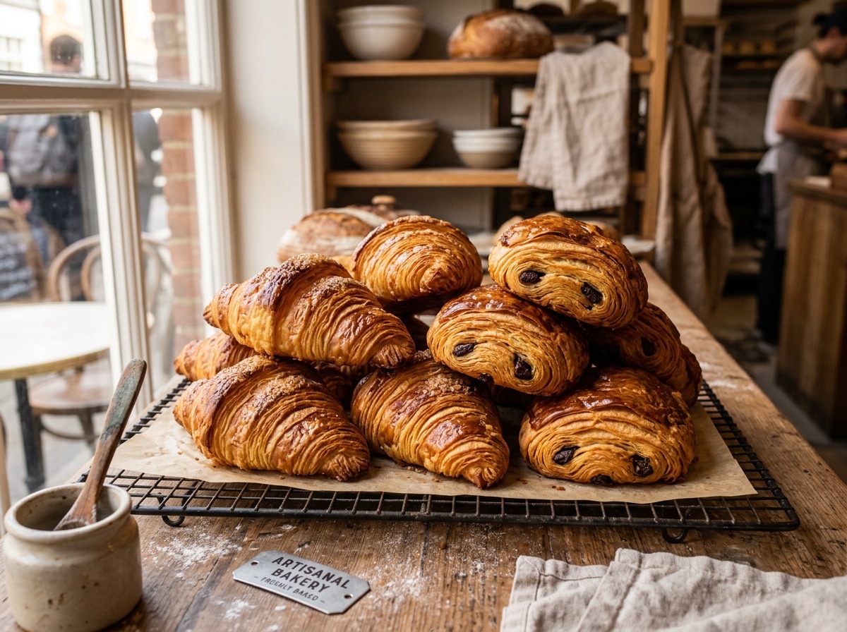 Golden flaky almond croissants dusted with roasted almonds and powdered sugar