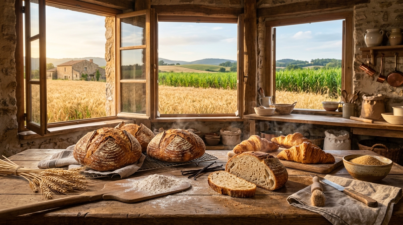 Artisanal rustic bakehouse overlooking sunlit wheat fields and sugarcane plants, with fresh sourdough loaves and flaky croissants