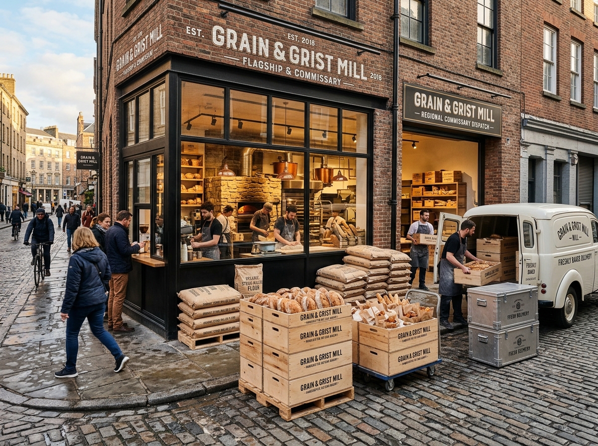 Artisan bakery flagship and regional commissary dispatch hub with stacked sourdough crates, stone-milled flour sacks, and delivery van