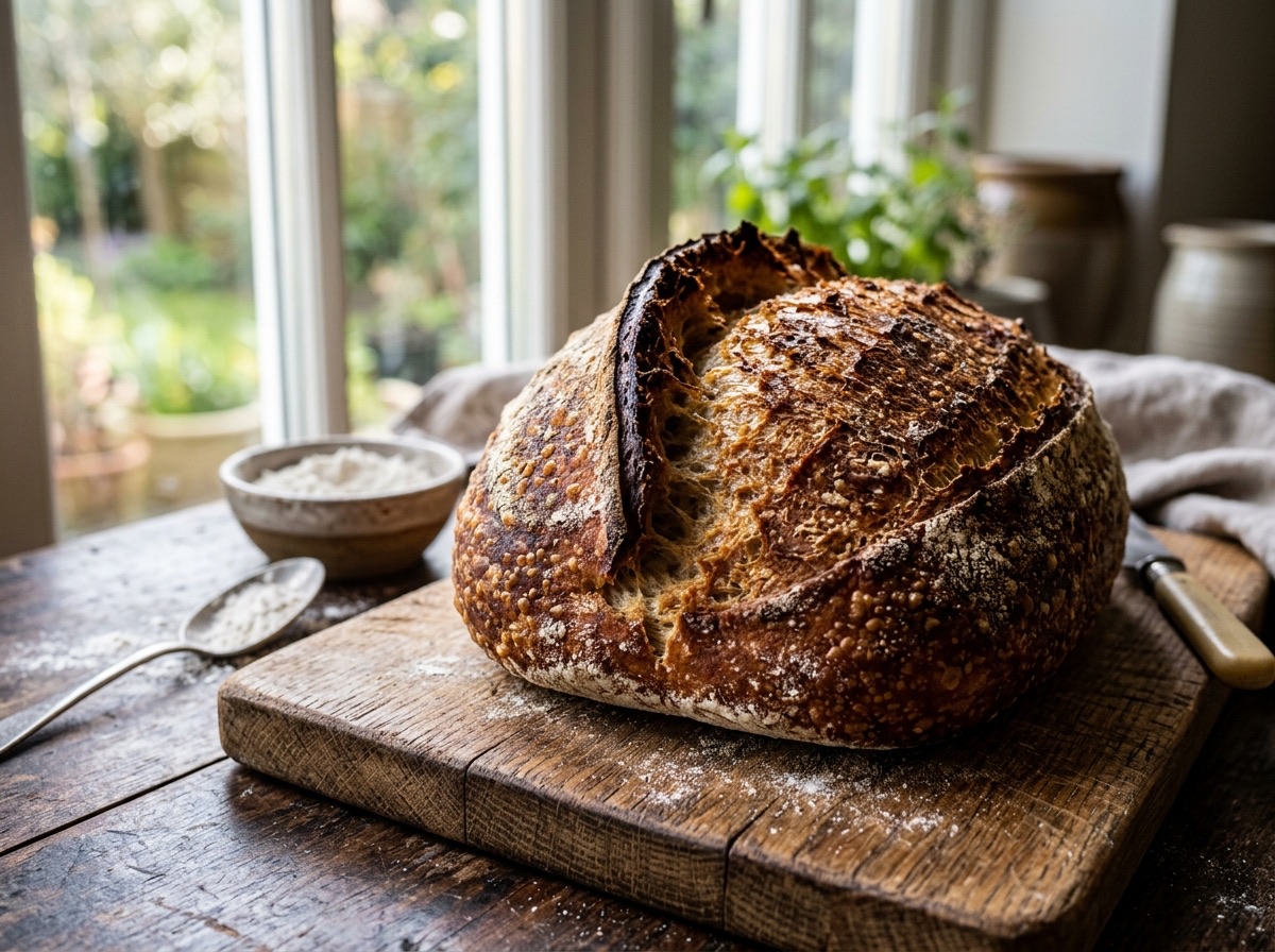Freshly baked country sourdough loaf with crisp blistered crust on cooling rack